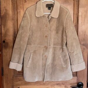 Brandon Thomas leather, faux sherling coat.  Light tan.  Size L.